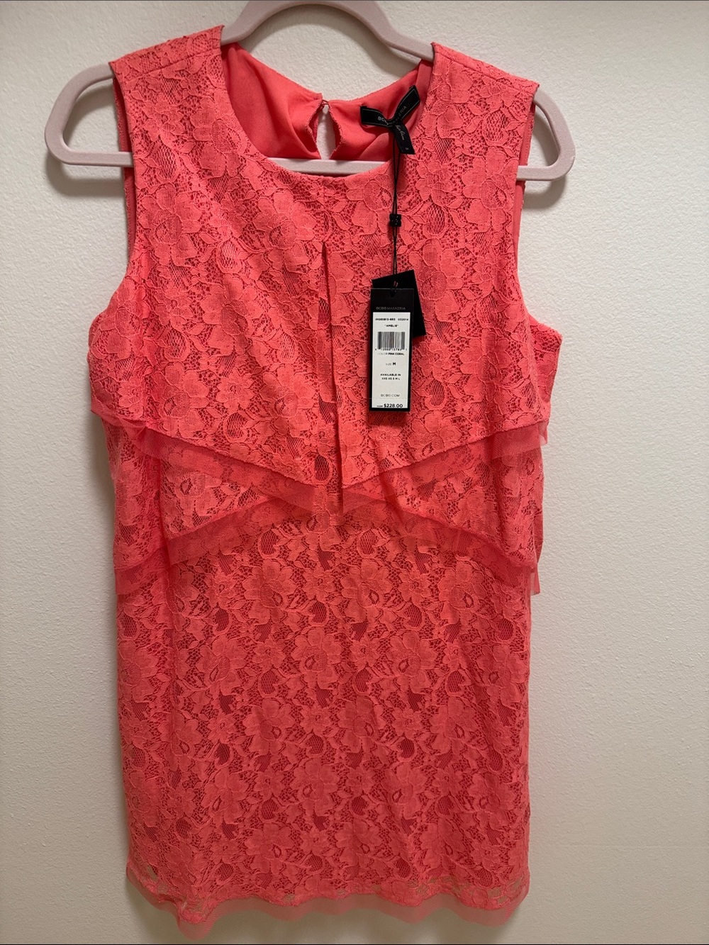 NWT BCBGMaxAzria "Amelie" Lace Overlay Ruffled Dress – Pink Coral, Size M